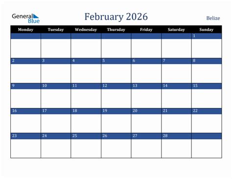 February 2026 Belize Monthly Calendar With Holidays