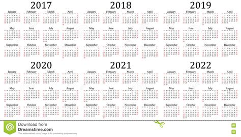 Sex årskalender 2017 2018 2019 2020 2021 Och 2022 Vektor