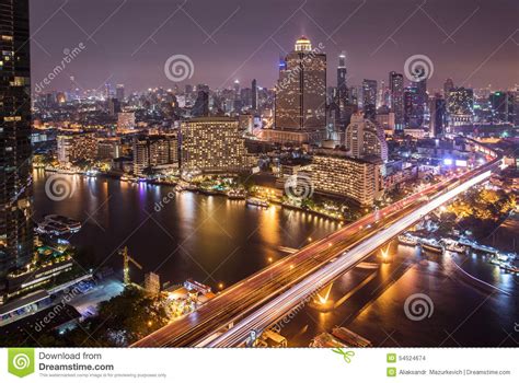 Landscape Of River In Bangkok City At Night Stock Photo Image Of