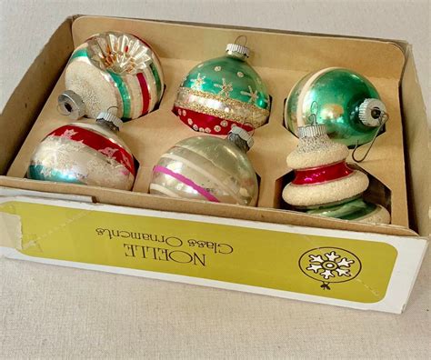 Shiny Brite Glass Ornaments Bulbs Vintage Mid Century Holiday Striped Indent Glitter Snowflake