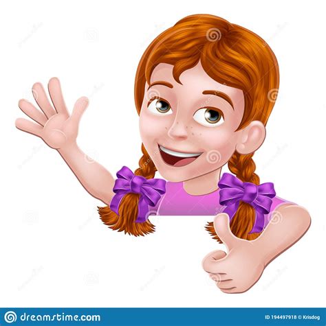 Girl Kid Thumbs Up Cartoon Child Peeking Over Sign Stock