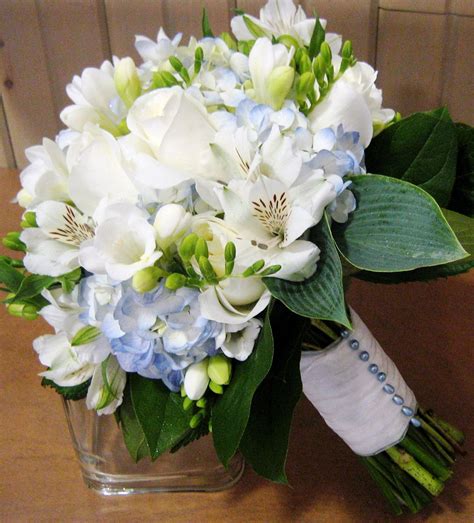 Bridal Bouquet With Blue Hydrangea White Freesia Alstroemeria And