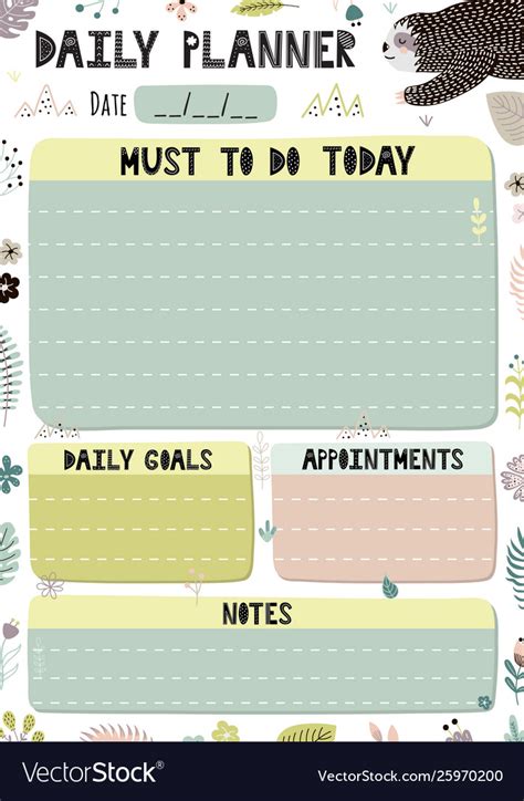 Colorful Daily Planner Template Cartoon Organizer Vector Image