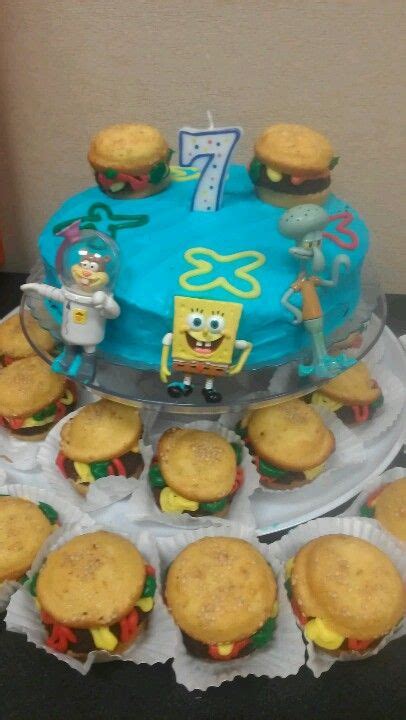 spongebob cake with krabby patty cupcakes “buns” are made with yellow cake mix and “meat” is