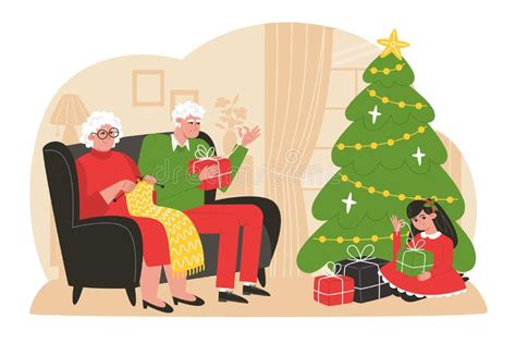 Grandpa And Grandma Unpack Christmas Presents With Their Granddaughter Stock Vector