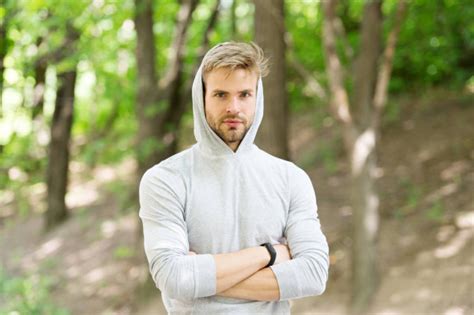 Feeling Confident Guy Bearded Attractive Casual Clothes Hooded Man