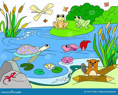 Wetland Landscape With Animals Color Raster For Adults Stock