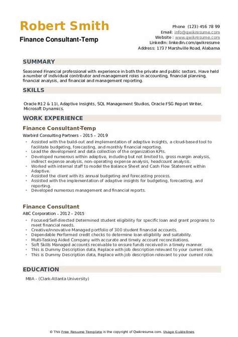 Take look at the oracle apps technical consultant resume sample for experienced consultants to prepare a resume or cv and apply for a job in software firms. Finance Consultant Resume Samples | QwikResume