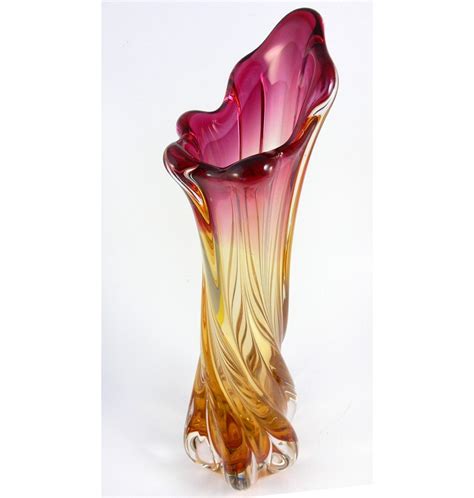 Vintage Large Murano Art Glass Vase Pink And Orange Swirl