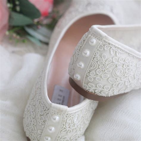White Lace Round Toe Flats With Back Pearls Women Wedding Etsy