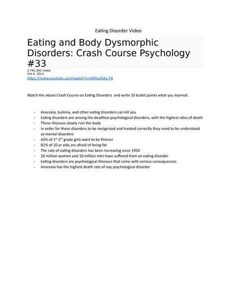 Eating Disorder Video Work Eating Disorder Video Eating And Body Dysmorphic Disorders Crash