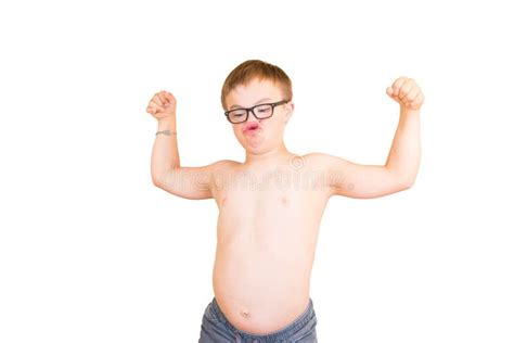Boy With Downs Syndrome Flexing His Muscles Stock Image Image Of Cute