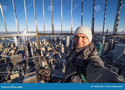 Man Taking Selfie With Aerial View Of New York City Skyline Manhattan