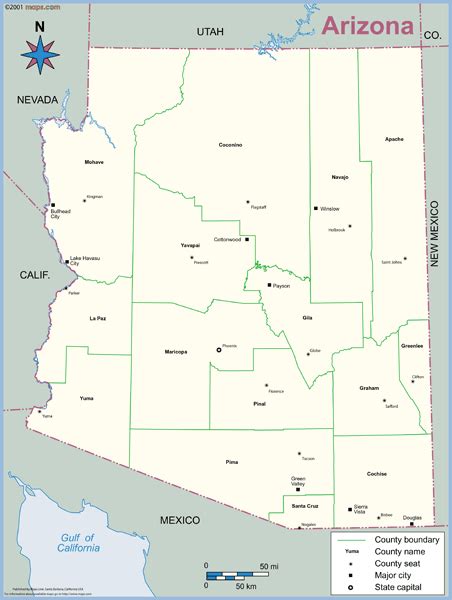 Arizona County Outline Wall Map By Mapsales