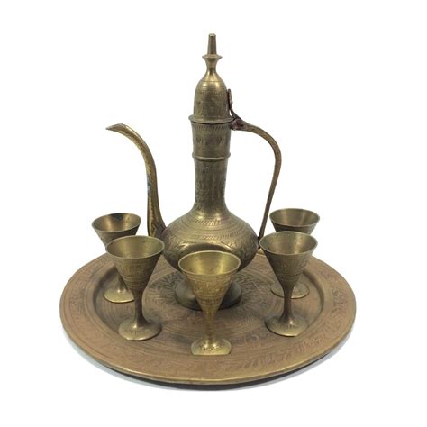 Vintage Turkish Coffee Set With Brass Ewer Five Goblets