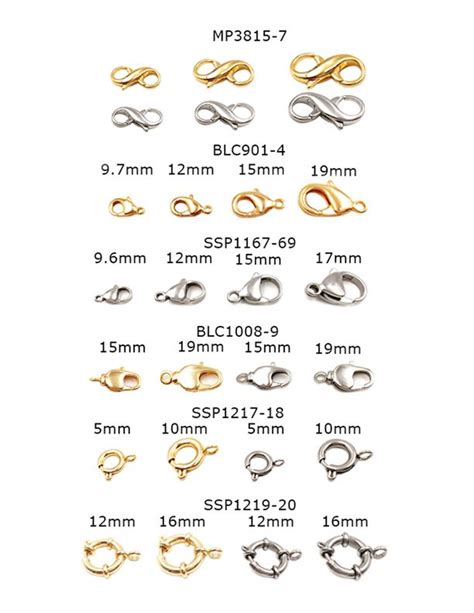 Various Sizes And Colors Of Metal Clasps With Measurements For Each One