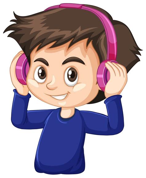 Boy Wearing Blue Shirt Using Headphone Cartoon Character Isolated