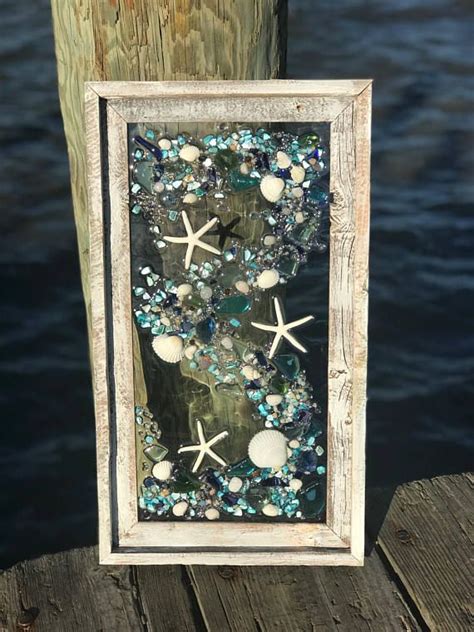 Beach Glass And Starfish In Barnwood Frame Beach Glass Wave Etsy