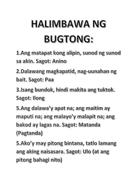 Mga Halimbawa Ng Karunungang Bayan Bugtong