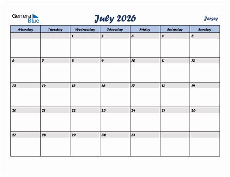 July 2026 Monthly Calendar Template With Holidays For Jersey