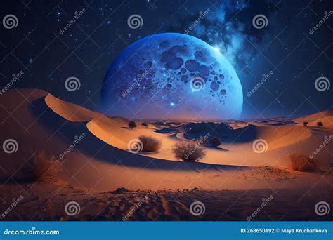 Fantasy Desert Landscape With Full Moon In Night Sky Stock Illustration