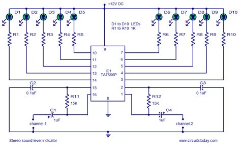 In the circuit r11 and r12 are used to set the voltage gain while c1 and c4 are decoupling capacitors. Stereo VU meter - 2 channel audio level meter