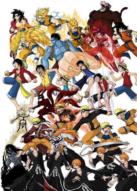 Goku Luffy Naruto And Ichigo Evolutions Anime Crossover Anime