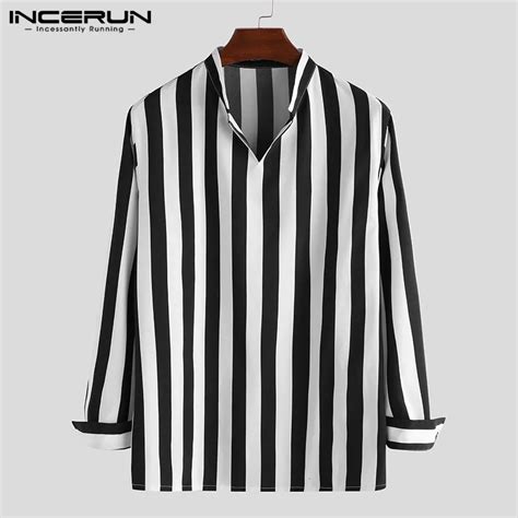 Incerun Fashion Mens Striped Shirt Loose Breathable V Neck 2021