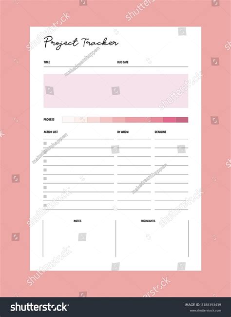 Project Tracker Planner Template Simple Printable Stock Vector Royalty