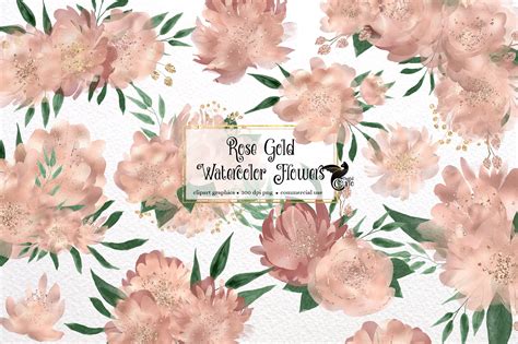 Rose Gold Watercolor Flowers Clipart Graphic By Digital Curio