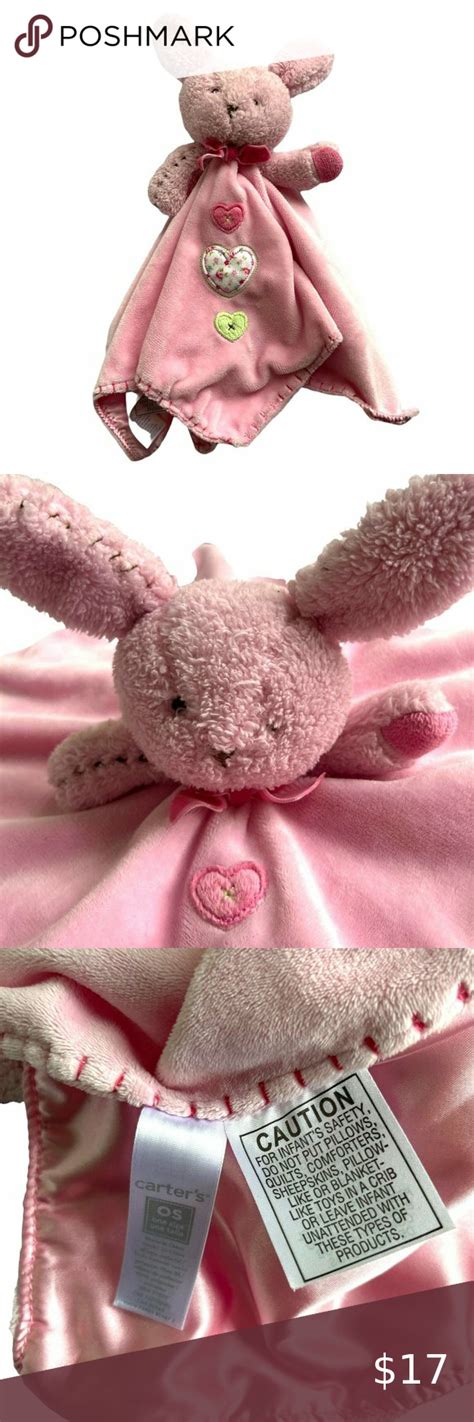 Carters Pink Bunny Security Blanket Rattle Plush Heart Patches Lovey