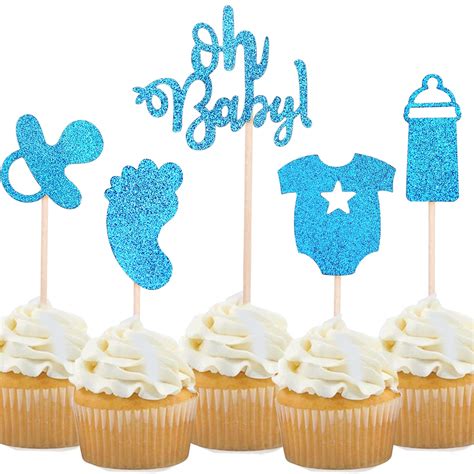 Buy 30 Pack Glitter Blue Baby Boy Baby Shower Cupcake Toppers Cake