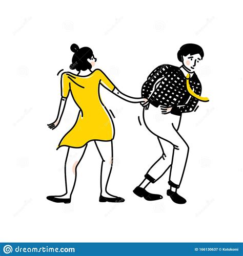 Swing Dance Couple Guy In Black Shirt With Tie Girl In Short Yellow Dress Lindy Hop Dancers