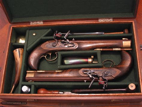 Replica Antique American Cal Flintlock Dueling Pistol Cased Set My