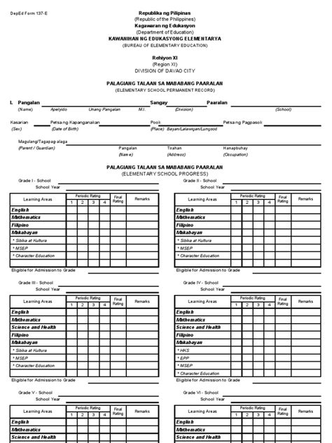 Deped Form 137 E1 Philippines Learning