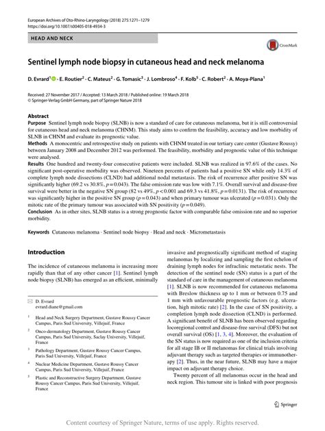 Sentinel Lymph Node Biopsy In Cutaneous Head And Neck Melanoma