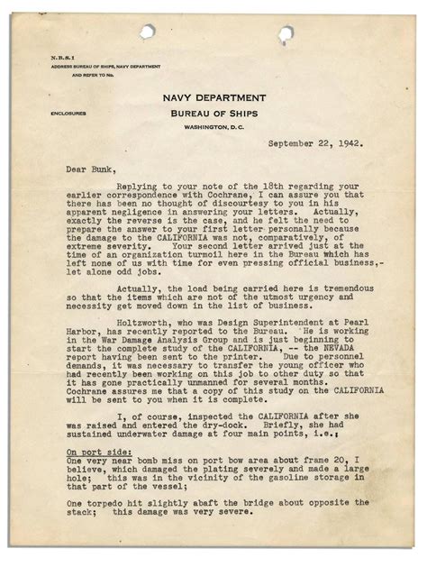 1942 Letter Detailing Torpedo Damage On The Uss Californi