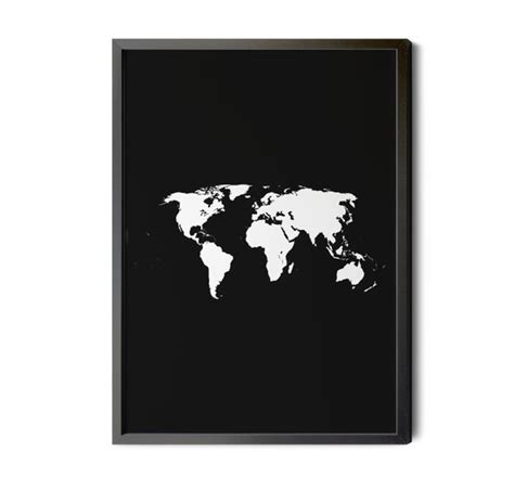 World Map Black And White Inverted World Map Wall Art Etsy