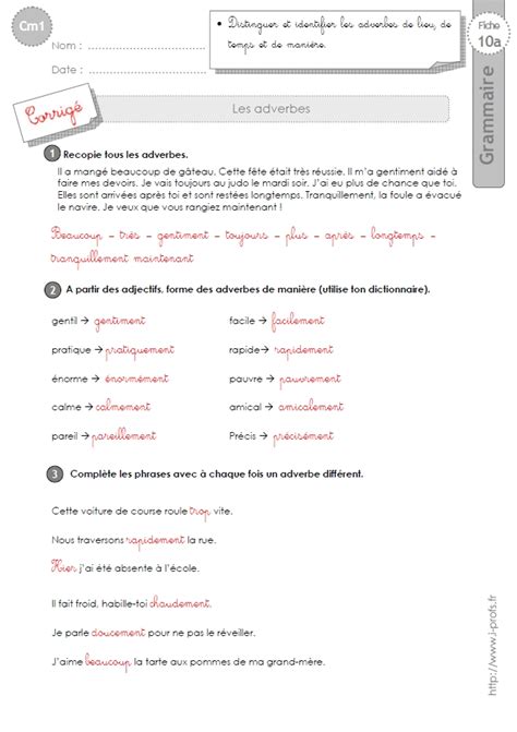 Accorder les adjectifs numéraux et de couleurs des groupes nominaux. cm1: Exercices Les adverbes