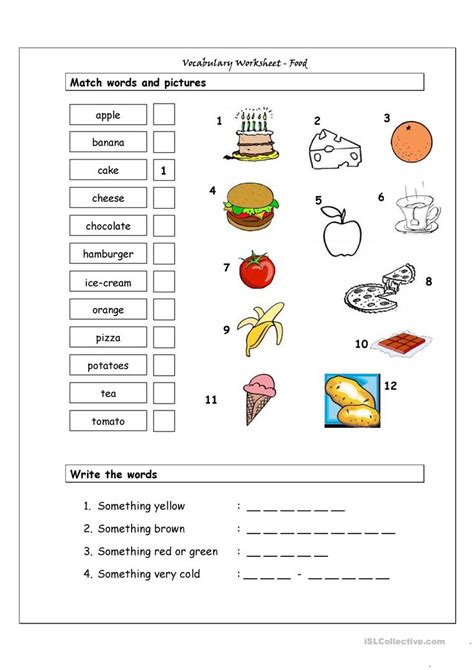 Download and print worksheets for teaching rhyming skills. Vocabulary Matching Worksheet - Food worksheet - Free ESL ...