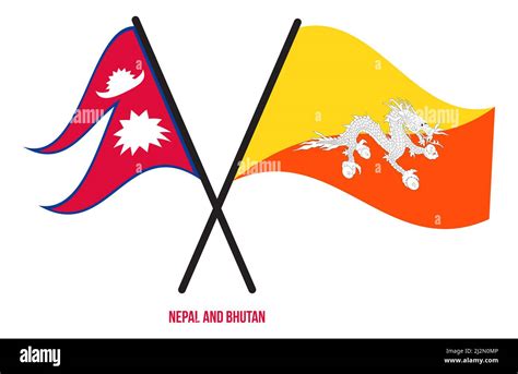 Nepal And Bhutan Flags Crossed And Waving Flat Style Official
