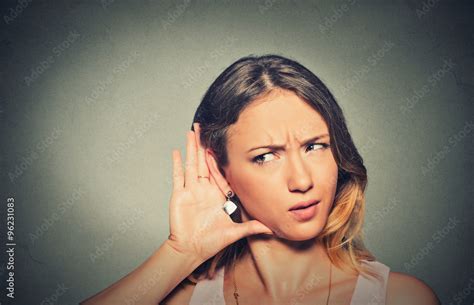 Concerned Young Nosy Woman Hand To Ear Gesture Carefully Secretly