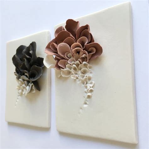 Ceramic Flower Wall Decor Porcelain Blossom Tile White Etsy Clay