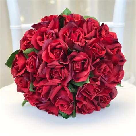 Red Silk Rose Hand Tie Bridal Bouquet 24 Roses