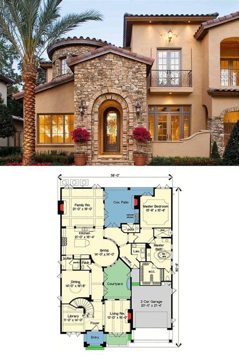 stunning mediterranean exterior of this 2 story 4 bedroom european house plan with central