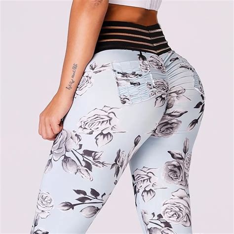 2018 new women scrunch leggings push up butt leggings sexy stripe waist yoga pants floral yoga