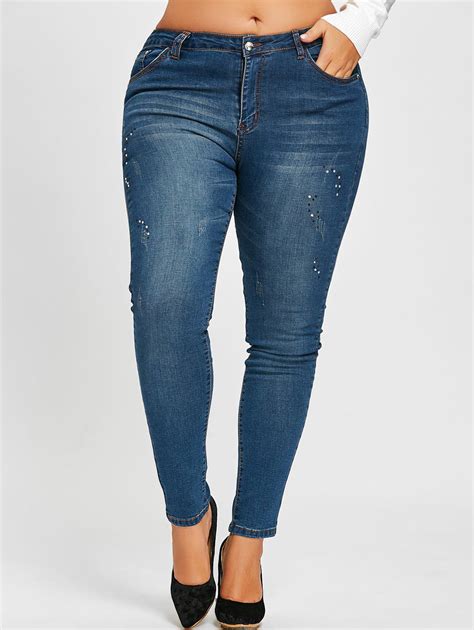 [35 off] 2021 plus size rhinestone embellished ripped jeans in denim blue zaful