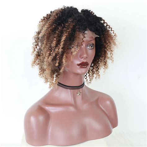 Kinky Curly Ombre Human Hair Wigs 1b 4 27 Colored Blonde Lace Front Wig