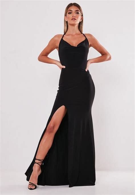 Missguided Black Slinky Cowl Neck Split Detail Maxi Dress Cute Prom