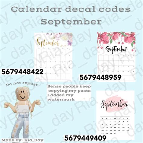 Roblox Calendar Codes September Bloxburg Decal Codes Calendar Decal
